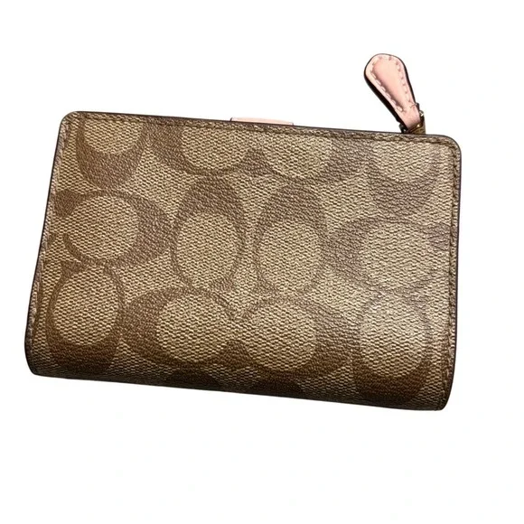 Coach Medium Corner Zip Wallet Signature Canvas Khaki Pink - Picture 2 of 12